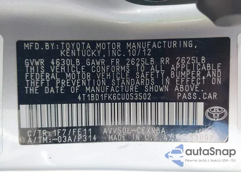 2012 Toyota Camry Hybrid/Le/Xle z USA, uszkodzony, nr VIN 4T1BD1FK6CU053502